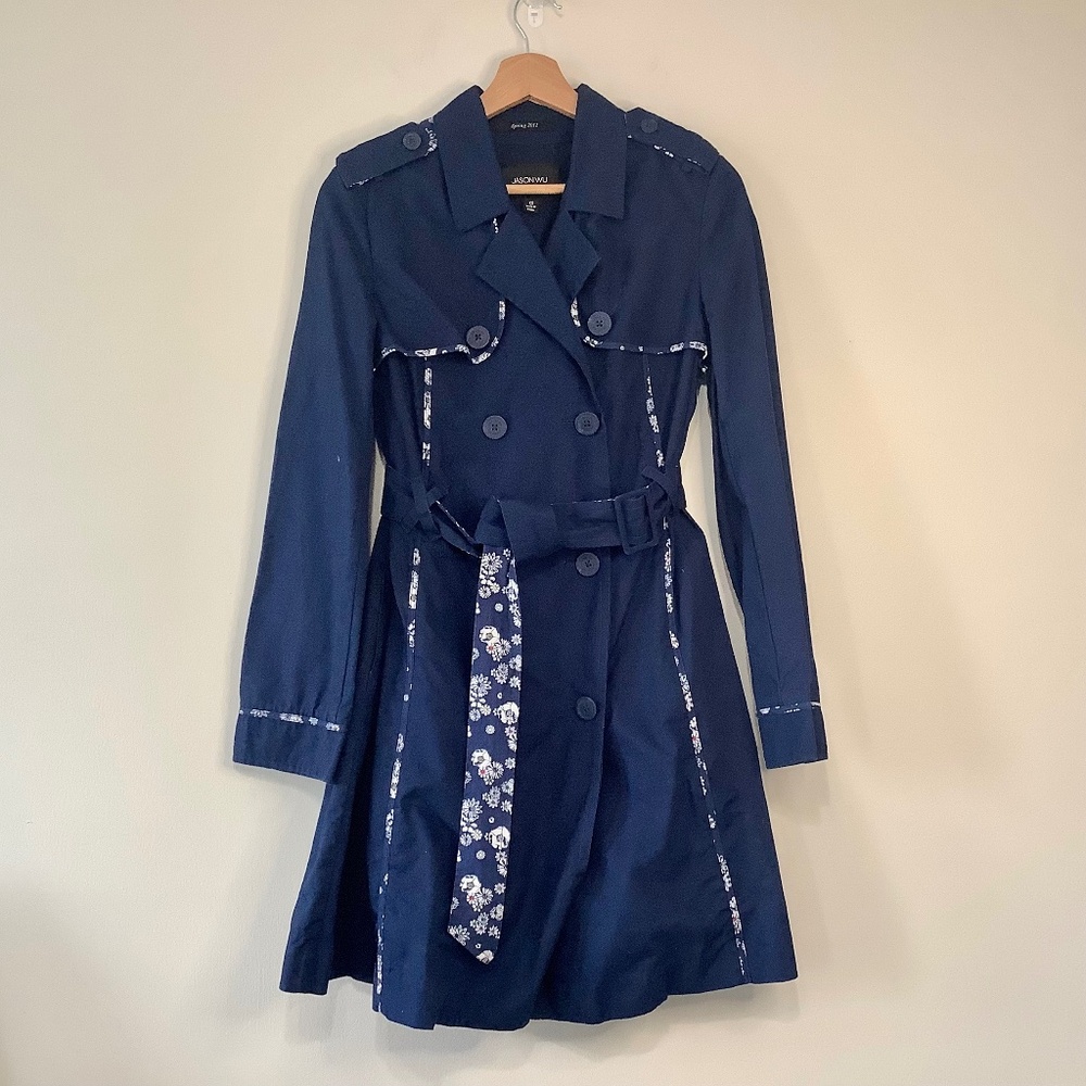 Jason Wu Cotton Trench Coat Navy Blue Floral Trim Flower Belt Double Lapel